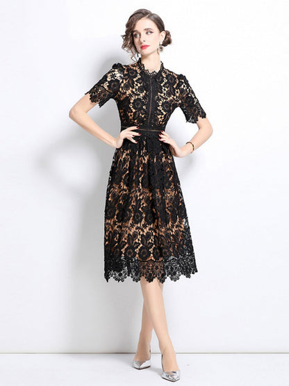 Hollow-out Water-soluble Lace Midi Dress