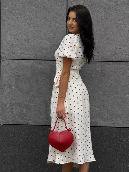 Pure Cotton Bandage Wrap-up Puff Sleeve Printed Comfort Maxi Dresses