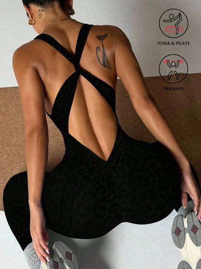 Leopard Print Cross Link Seamless Yoga Clothes Fitness Jumpsuits