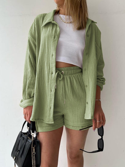 Long-sleeved Shirt And High-waisted Drawstring Shorts Casual Two-piece Set