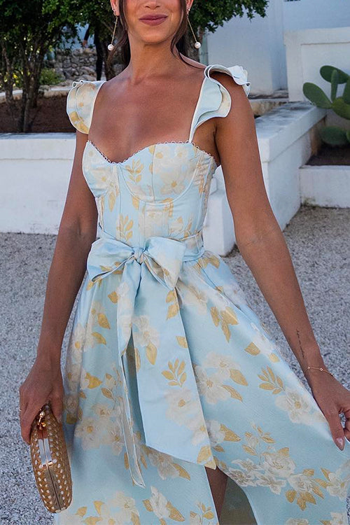 Margovil Ruffled Shoulder Bow Knot Waist Slit Printed Vintage Party Dress