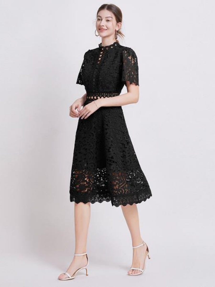 Lace Waist-cinching Hollow-out Midi Dress