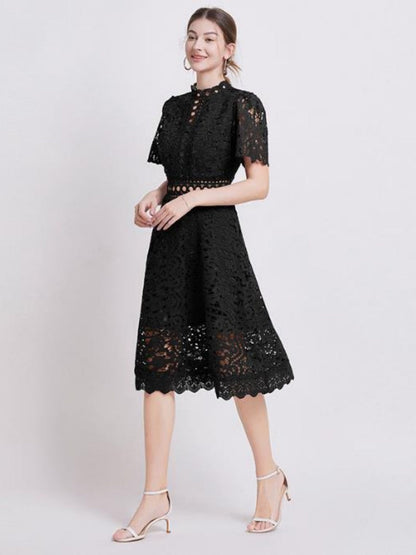 Lace Waist-cinching Hollow-out Midi Dress