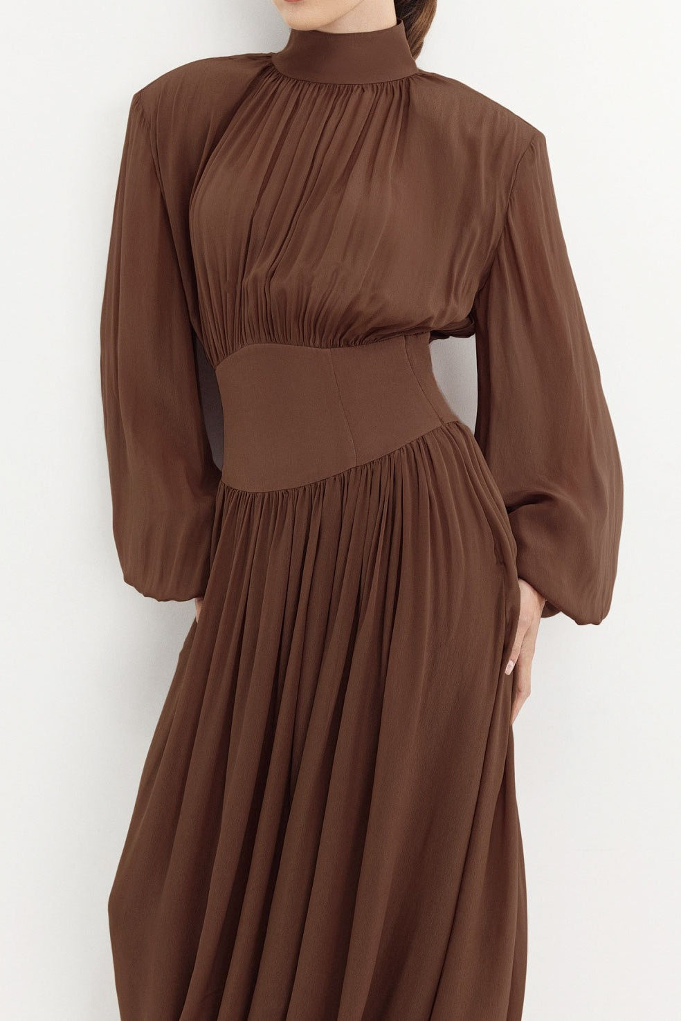 Mock Neck Pleated Bishop Sleeve Balloon Hem Maxi Dress