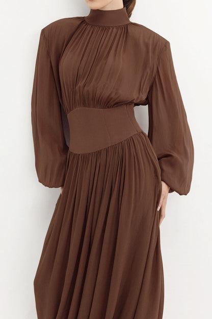 Mock Neck Pleated Bishop Sleeve Balloon Hem Maxi Dress