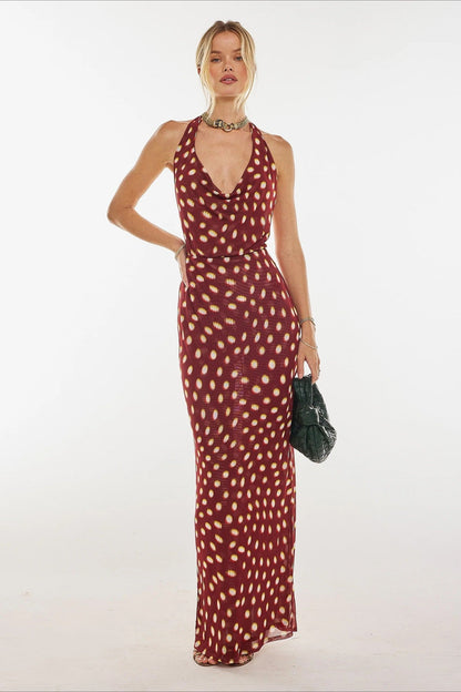 Polka Dot Print Halter Waist Tie Maxi Dress