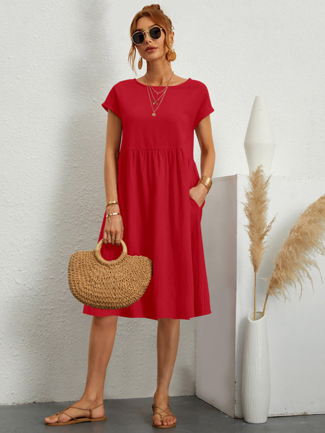 Short Sleeves Midi Shift Dress for Women - Minimalist Solid Color Loose T-shirt Dress with Pockets - Summer Daily Casual 2026