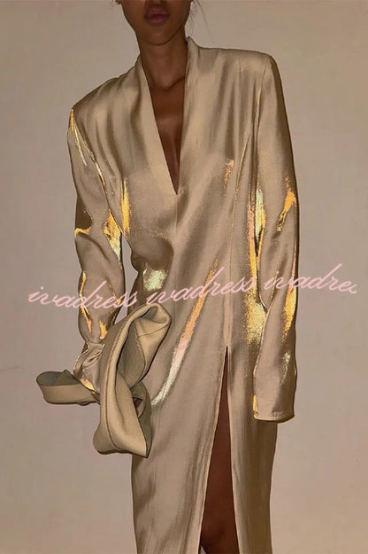 Solid Color Glossy V-neck Long Sleeve Casual Slit Maxi Dress