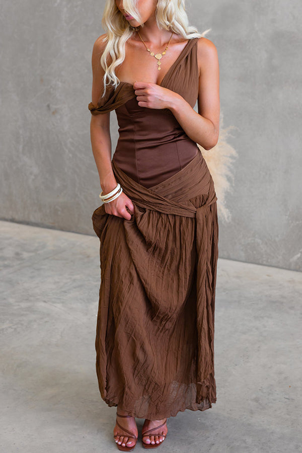 Zariyah Satin Bodice Asymmetric Neck Tie-up Waist Chiffon Hem Maxi Dress