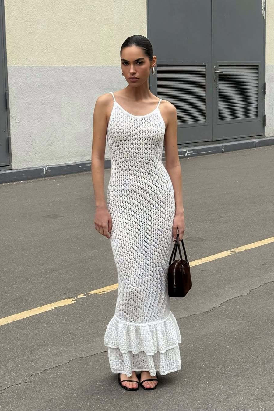 | Ruffle Knit Cutout Sheer Cami Maxi Dress