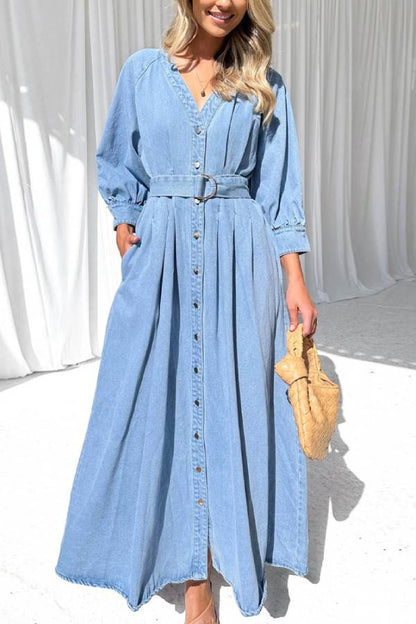 Belted Puff Sleeve Button-Front Denim Maxi Dress