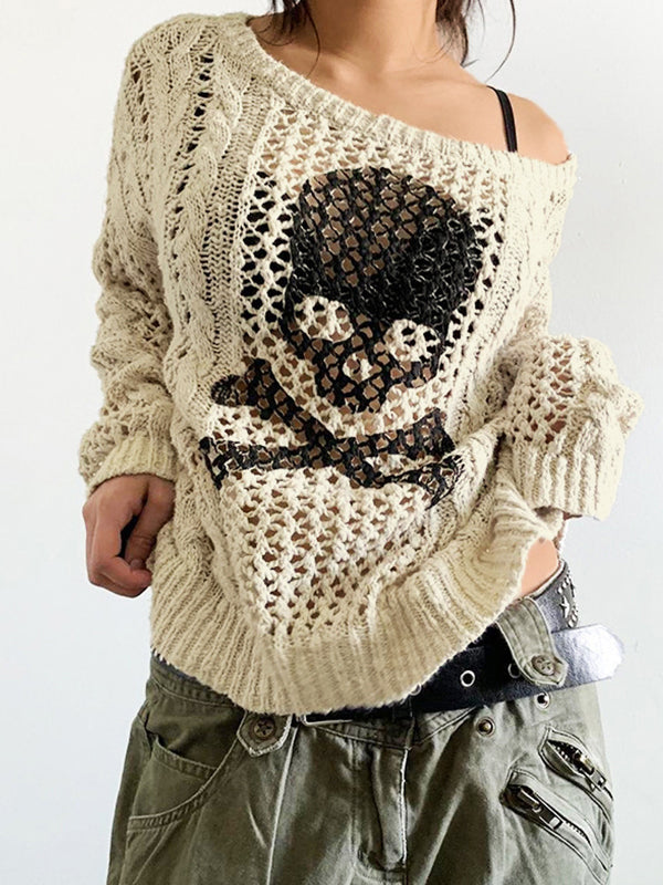 Cutout Skull Print Twist Design Knit Loose Sweater