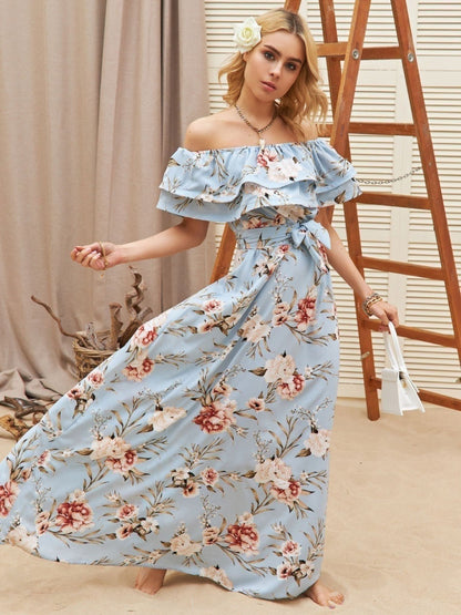 Floral Dress Off The Shoulder High Slit Ruffles Casual Summer Maxi Dresses