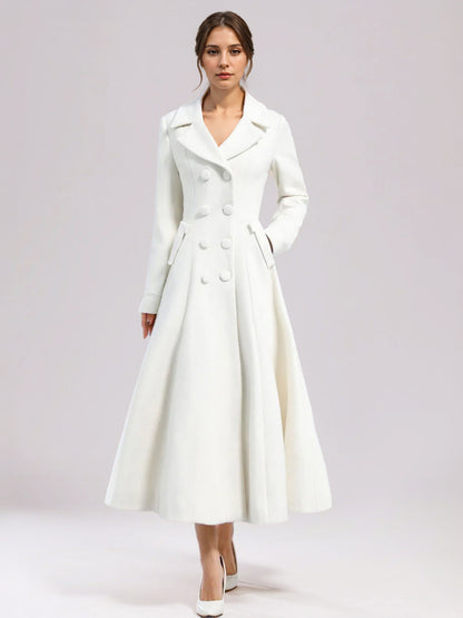 White Woolen Flared Coat For Woman Wide Lapel Double-breasted Winter A-line Midi Outerwear 2026