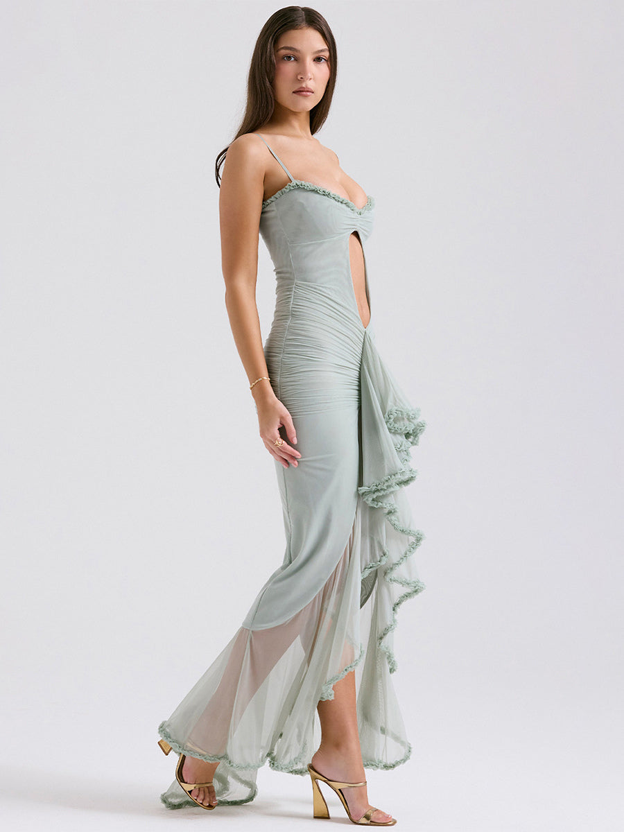 Pink Dress High-Low Cutout Spaghetti Strap Pleated Sexy Party Midi Dresses