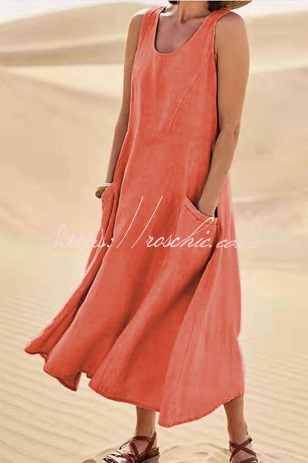 Solid Sleeveless Pocket Loose Comfort Midi Dress