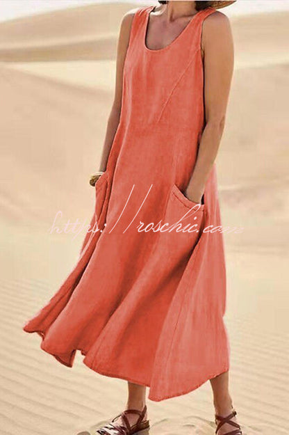 Solid Sleeveless Pocket Loose Comfort Midi Dress