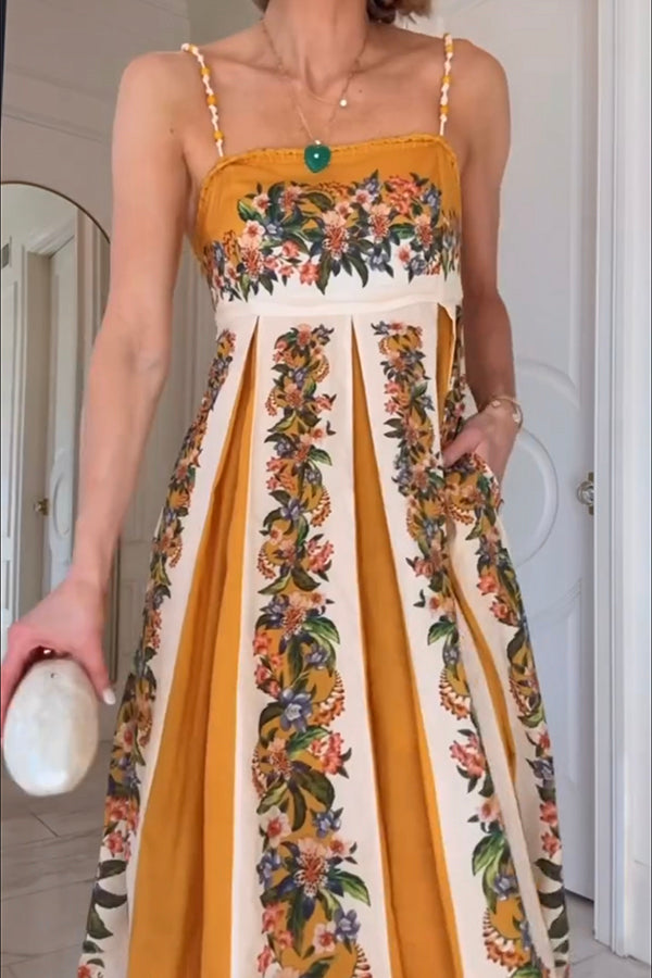 Bloom Bright Linen Blend Floral Print Beaded Shoulder Straps Pocket Maxi Dress