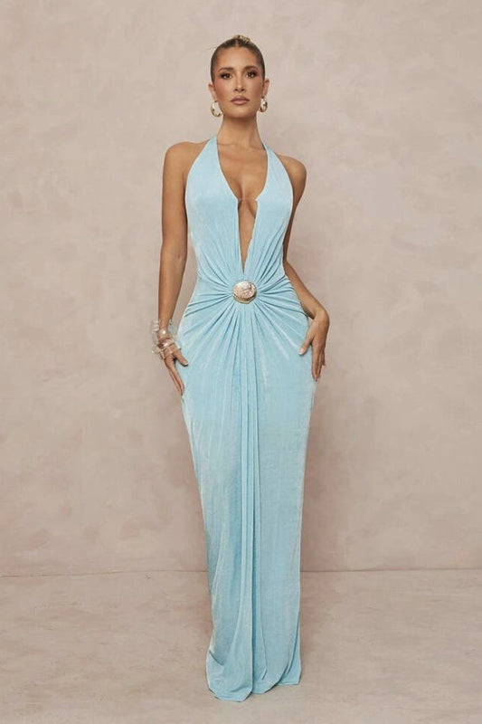 | Deep V Halter Ruched Backless Maxi Dress