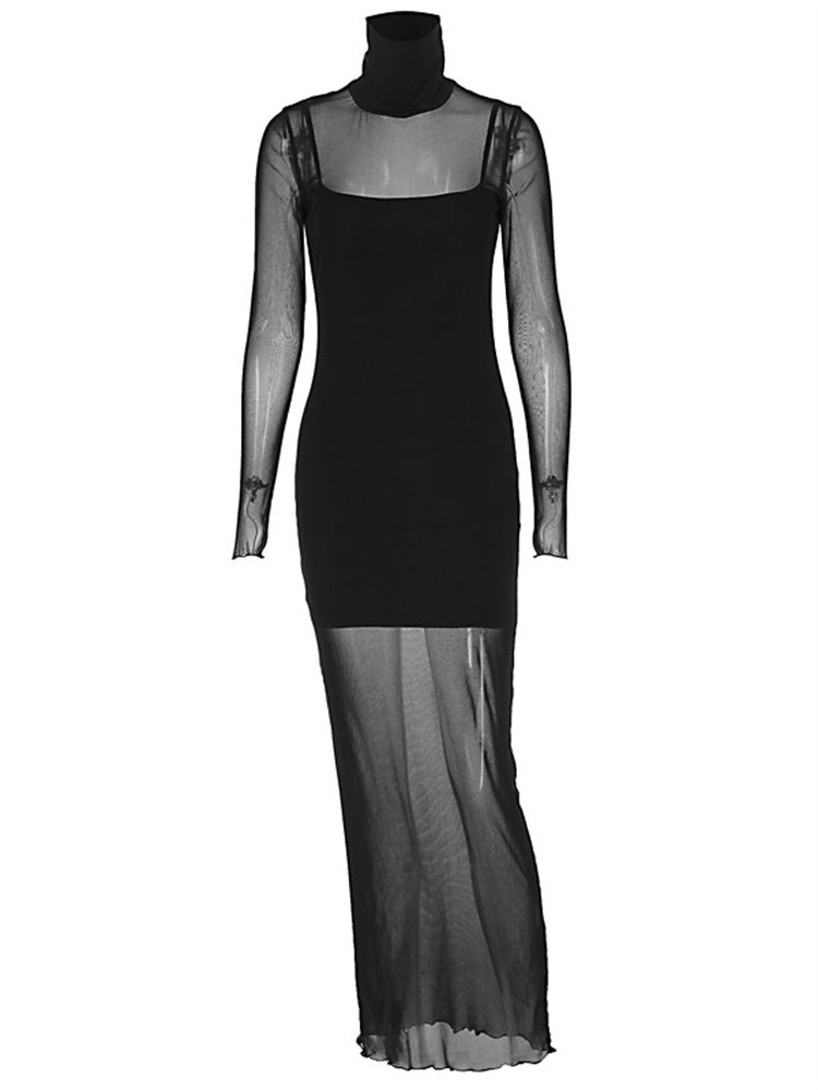Tossy Mesh 2 Piece-Set Dress Women See-Through Slim Sexy Mini Dress Fashion Long Sleeve Patchwork Autumn 2024 Maxi Dress Sets