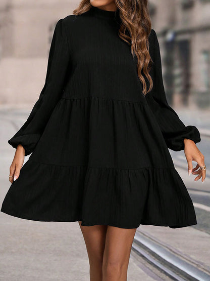 A-Line Long Sleeves Hollow Pleated Solid Color Split-Joint Mock Neck Mini Dresses
