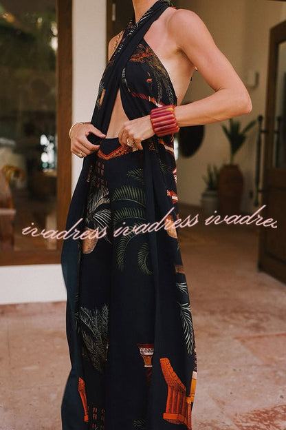 Jungle Elf Unique Print Halter Slit Midi Tank and Elastic Waist Wide Pants Set
