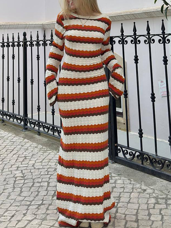 Long Sleeves Loose Backless Split-Joint Striped Round-Neck Maxi Dresses Sweater Dresses