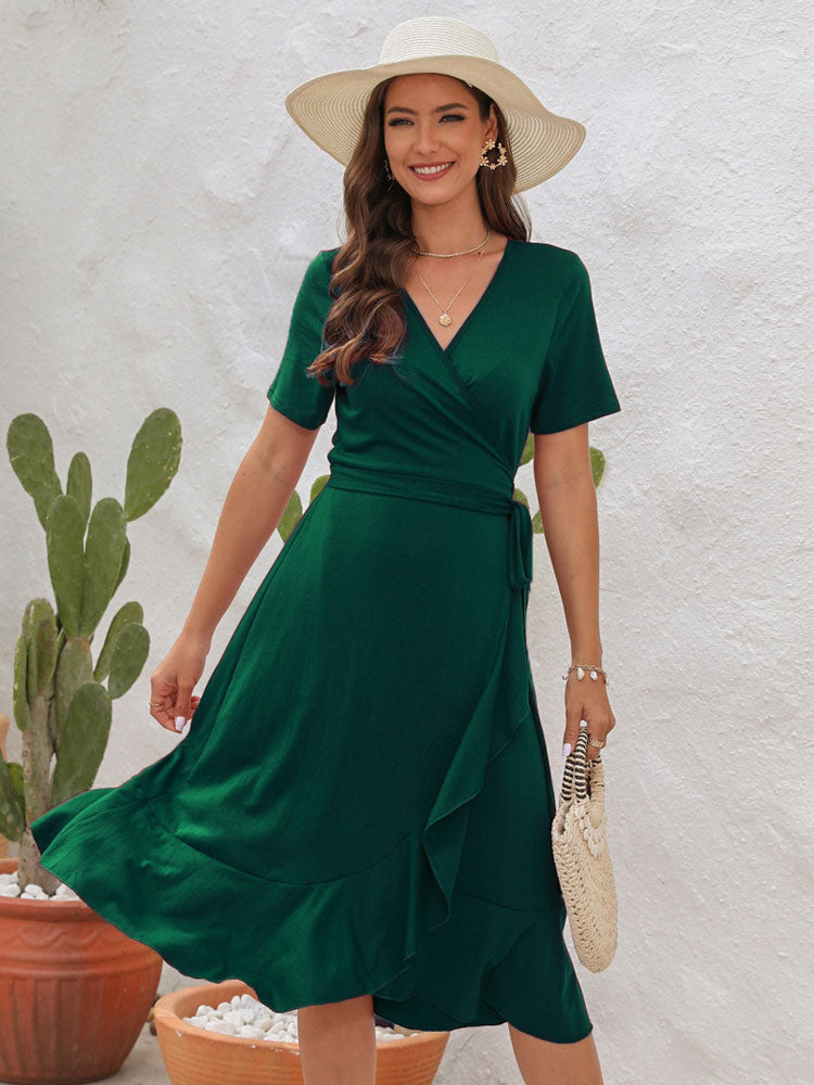 Wrap Dress Short Sleeves Belted Ruffles Edge Summer Casual Midi Dresses