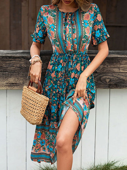 Floral Print Bohemian V-Neck Short Sleeves Midi Dress