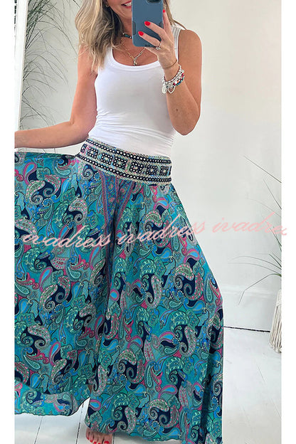Ethnic Paisley Print Elastic Patchwork Waist Lightweight Pants