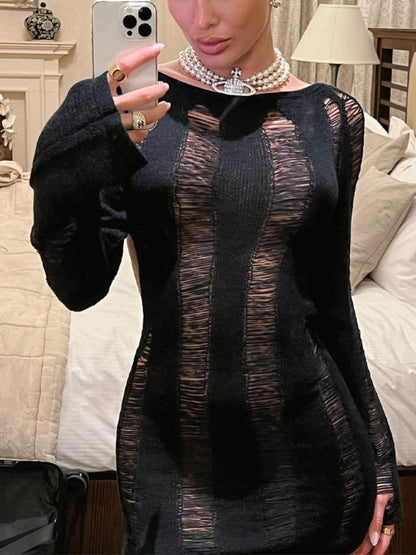 TARUXY Sexy Sheer Knitted Dress Women Bodycon Long Sleeve Hollow Out Mini Dresses Femme Club Sexy Backless Knitwear Dress Womens