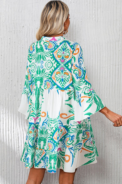 Green Tribal Bracelet Sleeve Buttoned Mini Dress