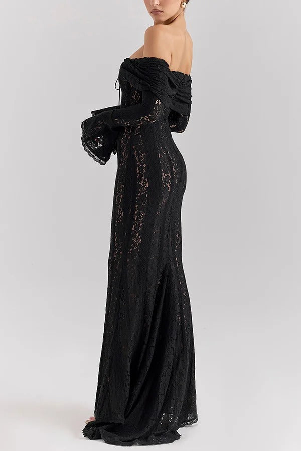 Floral Lace Off Shoulder Bell Sleeve Mermaid Maxi Dress