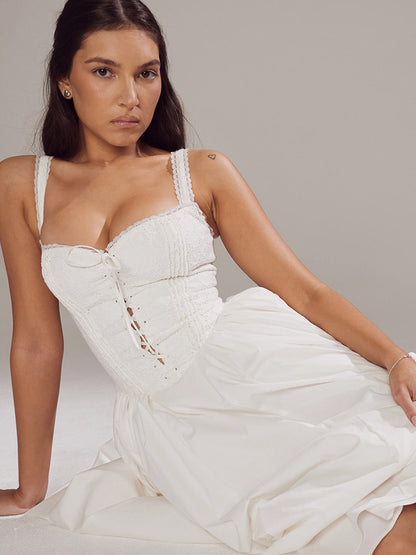 White Corset Dress Cutout Wide Strap Lace Trim Backless Party Midi Dresses