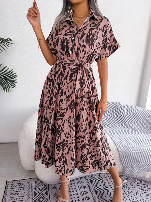 Shirt Dresses Two-Tone Short Sleeves Belted Busniess Casual Midi Dresses