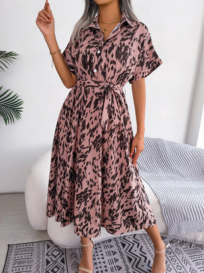 Shirt Dresses Two-Tone Short Sleeves Belted Busniess Casual Midi Dresses