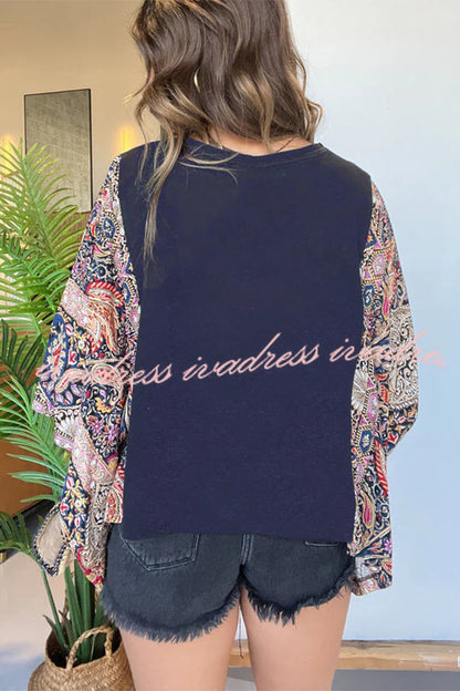 Unique Ethnic Print Batwing Sleeve Loose Top
