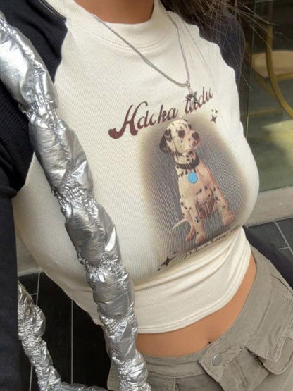 Raglan Puppy Print Slim Crop Long Sleeve Knit
