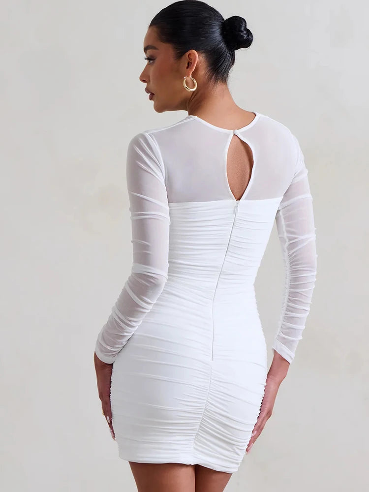 Mesh Pleated Wrap Mini Dress
