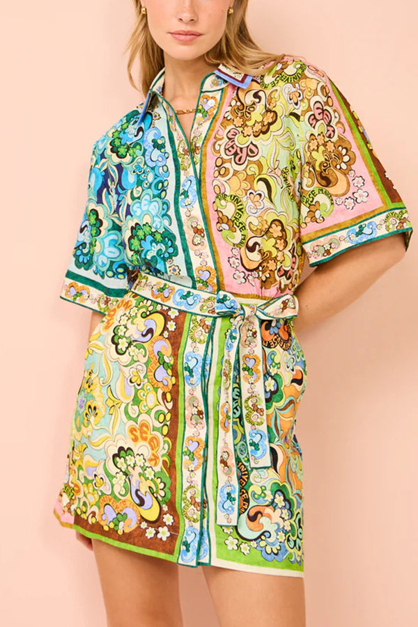 Sasha Linen Blend Unique Printed Shirt Style Tie-waist Mini Dress