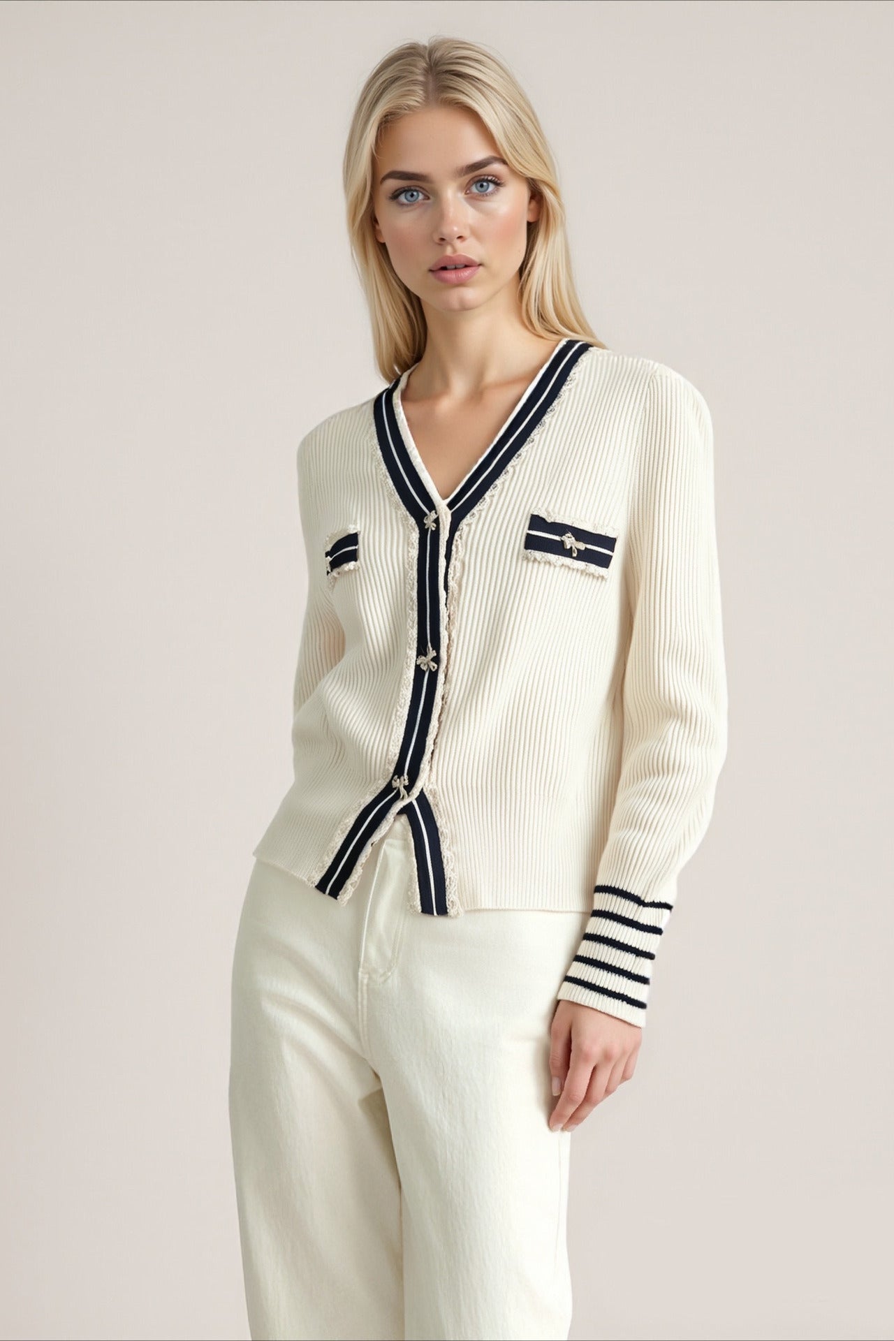 Colorblock Lace Trim V Neck Knit Cardigan