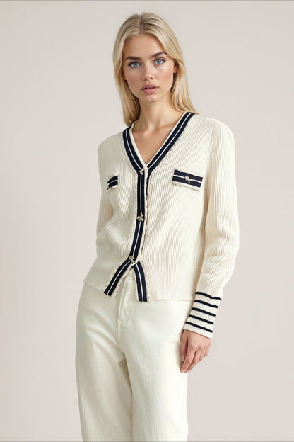 Colorblock Lace Trim V Neck Knit Cardigan