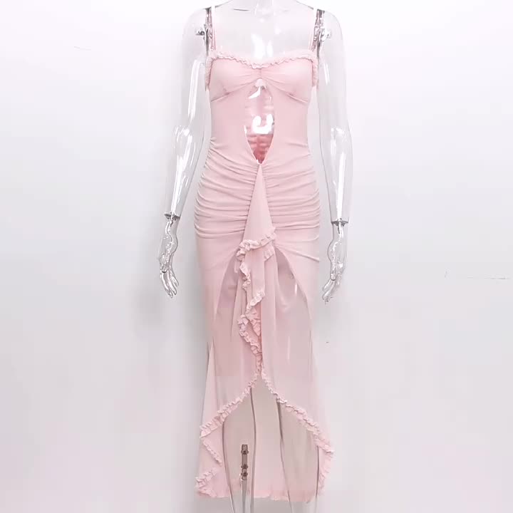 Pink Dress High-Low Cutout Spaghetti Strap Pleated Sexy Party Midi Dresses