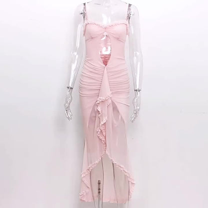 Pink Dress High-Low Cutout Spaghetti Strap Pleated Sexy Party Midi Dresses