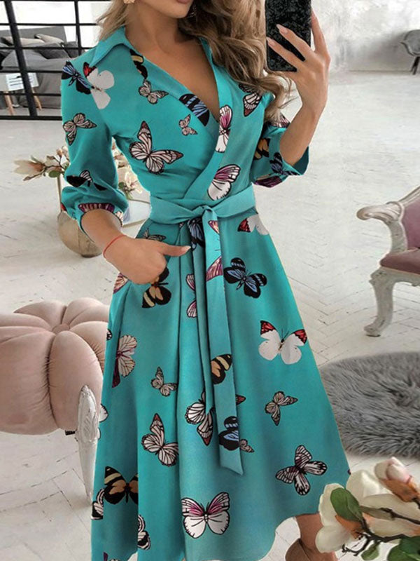 Maxi Dresses Long Sleeves Red Animal Print V-Neck Lace up Maxi Layered   Long Dress