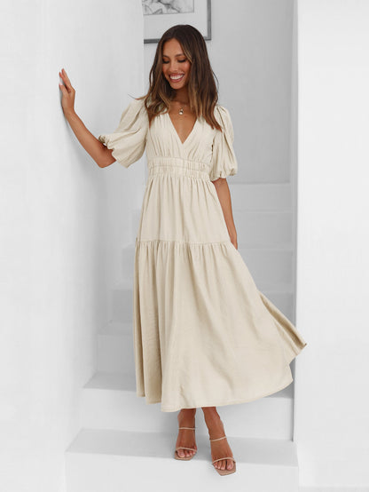 KIMONA SMOCKED SHORT SLEEVE MAXI DRESS - BEIGE