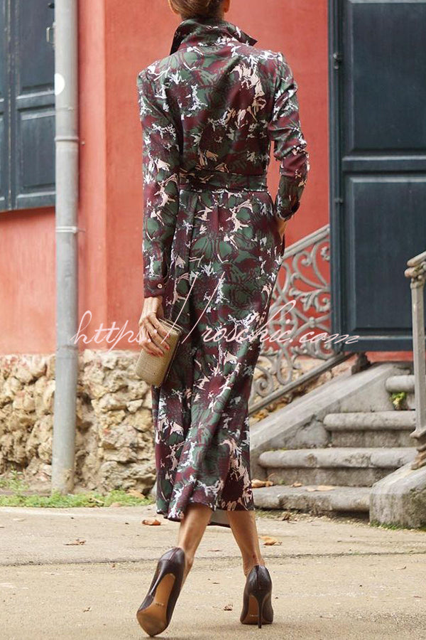 Casual Floral Print Lace Up Buttoned Pockets Long Sleeve Midi Dress