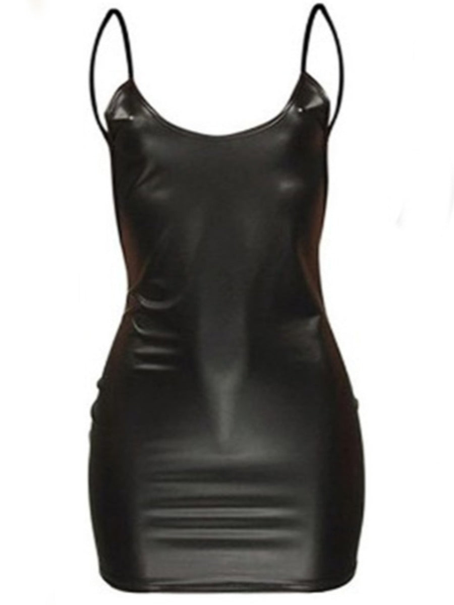 SXY Faux Leather Backless Cami Bodycon Dress Women Spring Summer Spaghetti Strap Sleeveless Solid Color Mini Dress for Women
