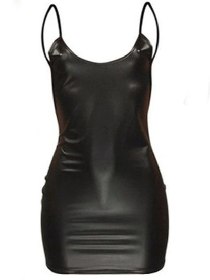 SXY Faux Leather Backless Cami Bodycon Dress Women Spring Summer Spaghetti Strap Sleeveless Solid Color Mini Dress for Women