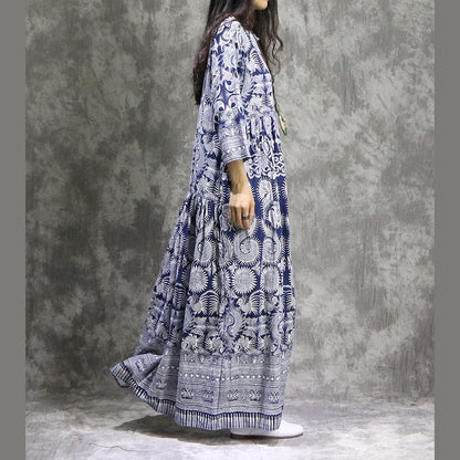 French prints linen cotton clothes For Women plus size Neckline blue Maxi Dress summer